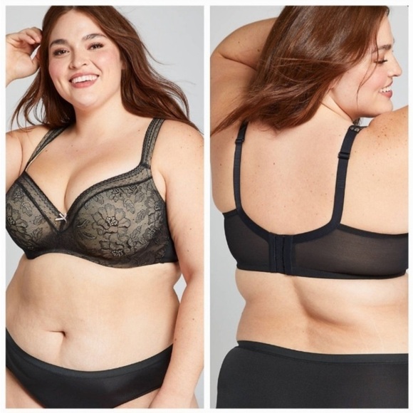Cacique Modern Lace Lightly Lined Balconette Bra 38D NWT Black Lace Pink Bow - Picture 1 of 13